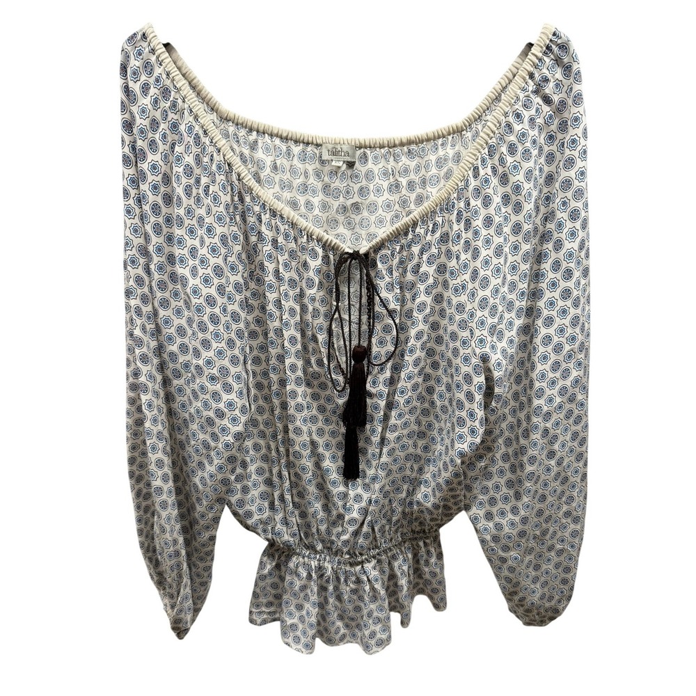 Talitha Women's XS 100% Silk Off the Shoulder Boho Printed Peasant Blouse